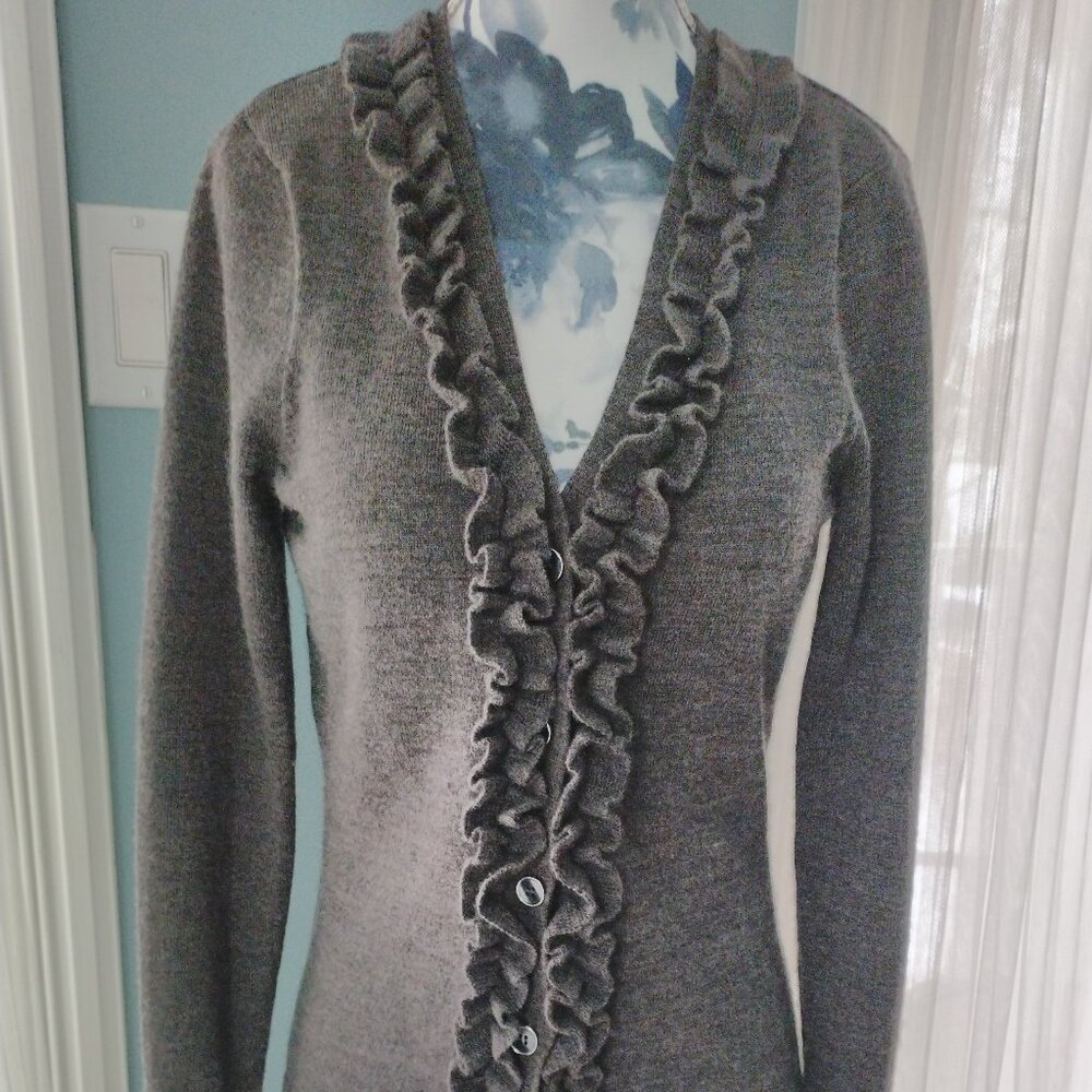 Grey Italian Merino Wool Cardigan with Ruffles - Picture 3 of 13